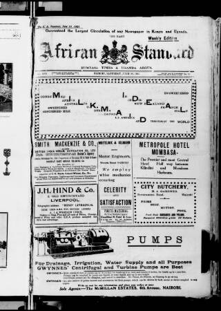 cover page of East African Standard published on June 18, 1921
