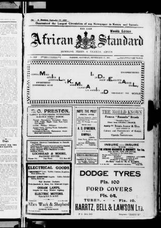 cover page of East African Standard published on September 17, 1921
