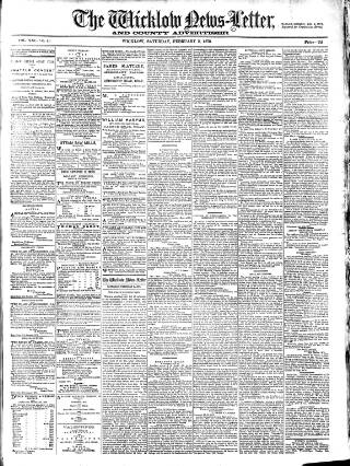 cover page of Wicklow News-Letter and County Advertiser published on February 2, 1878