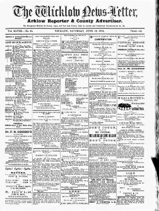 cover page of Wicklow News-Letter and County Advertiser published on June 18, 1904