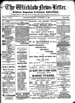 cover page of Wicklow News-Letter and County Advertiser published on November 2, 1907