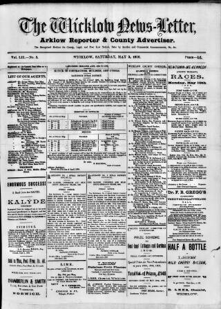 cover page of Wicklow News-Letter and County Advertiser published on May 2, 1908