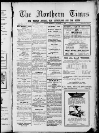 cover page of Northern Times and Weekly Journal for Sutherland and the North published on November 2, 1916