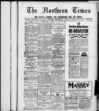 cover page of Northern Times and Weekly Journal for Sutherland and the North published on June 18, 1942