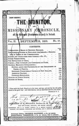 cover page of Monitor and Missionary Chronicle published on September 1, 1853