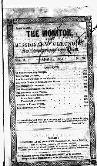 cover page of Monitor and Missionary Chronicle published on April 1, 1854