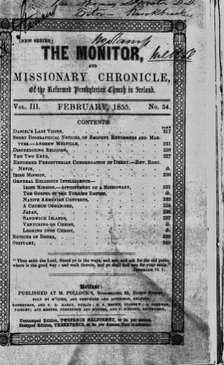 cover page of Monitor and Missionary Chronicle published on February 1, 1855