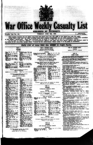 cover page of Weekly Casualty List (War Office & Air Ministry ) published on June 18, 1918