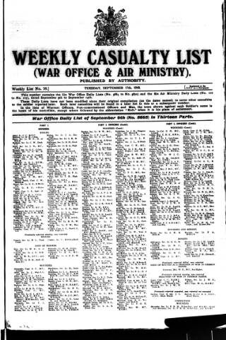 cover page of Weekly Casualty List (War Office & Air Ministry ) published on September 17, 1918