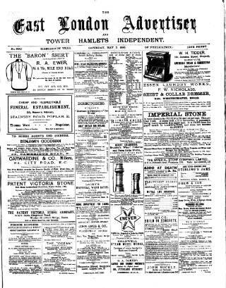 cover page of Tower Hamlets Independent and East End Local Advertiser published on May 2, 1885