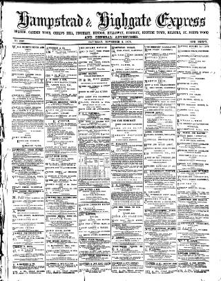 cover page of Hampstead & Highgate Express published on November 2, 1878