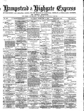 cover page of Hampstead & Highgate Express published on February 2, 1889