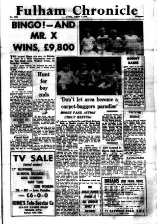 cover page of Fulham Chronicle published on August 2, 1968