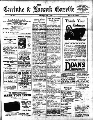cover page of Carluke and Lanark Gazette published on November 2, 1918