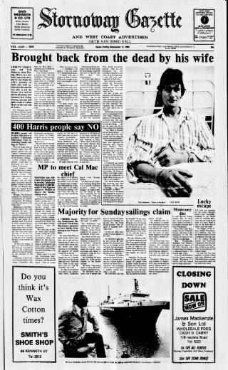 cover page of Stornoway Gazette and West Coast Advertiser published on September 17, 1988