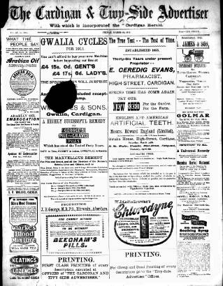 cover page of Cardigan & Tivy-side Advertiser published on March 24, 1911