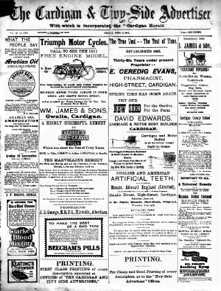 cover page of Cardigan & Tivy-side Advertiser published on June 2, 1911