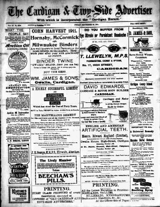 cover page of Cardigan & Tivy-side Advertiser published on September 29, 1911