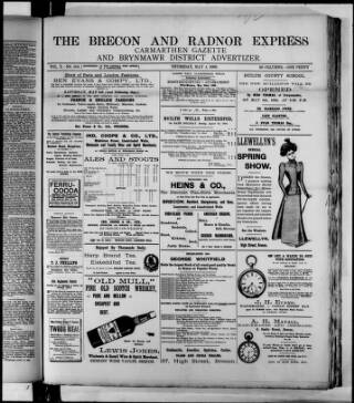 cover page of Brecon and Radnor Express and Carmarthen Gazette published on May 4, 1899