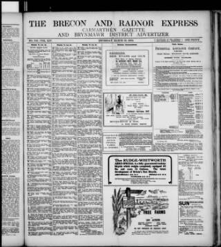 cover page of Brecon and Radnor Express and Carmarthen Gazette published on March 19, 1903