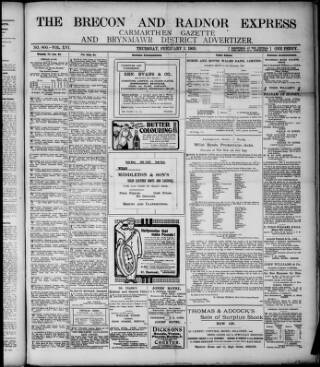 cover page of Brecon and Radnor Express and Carmarthen Gazette published on February 2, 1905