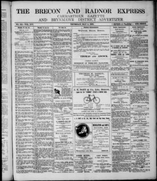 cover page of Brecon and Radnor Express and Carmarthen Gazette published on May 4, 1905