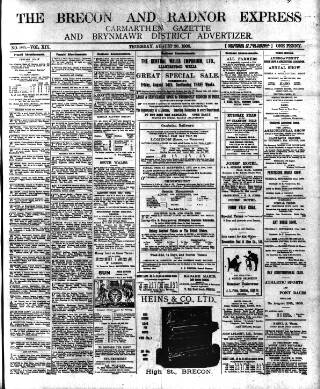 cover page of Brecon and Radnor Express and Carmarthen Gazette published on August 20, 1908