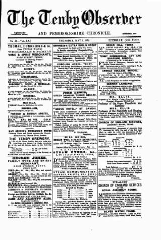 cover page of Tenby Observer published on May 2, 1872