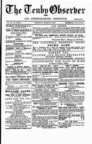 cover page of Tenby Observer published on March 19, 1874