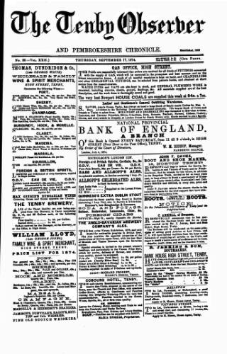 cover page of Tenby Observer published on September 17, 1874