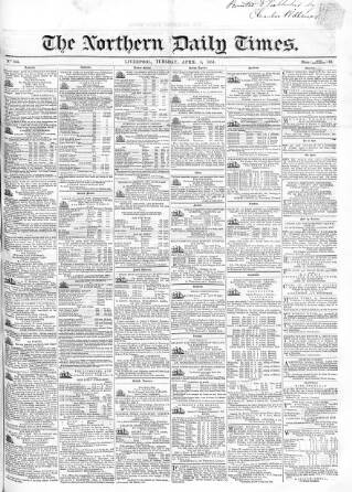 cover page of Northern Daily Times published on April 4, 1854