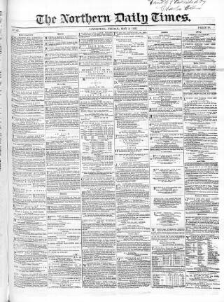 cover page of Northern Daily Times published on May 2, 1856