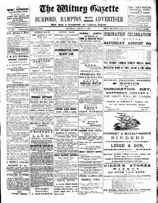 cover page of Witney Gazette and West Oxfordshire Advertiser published on August 2, 1902