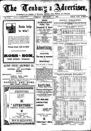 cover page of Tenbury Wells Advertiser published on November 2, 1909
