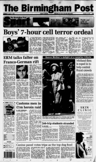 cover page of Birmingham Daily Post published on August 2, 1993