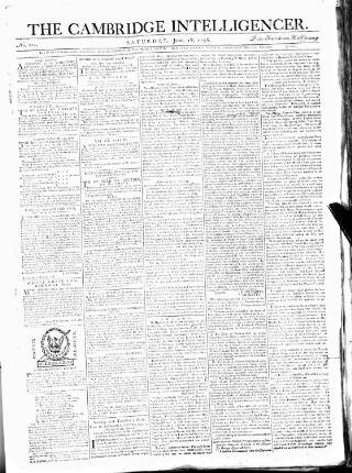 cover page of Cambridge Intelligencer published on June 18, 1796