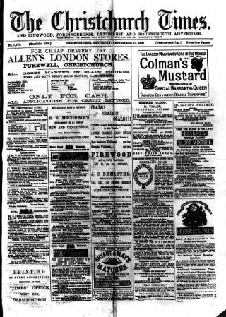 cover page of Christchurch Times published on September 17, 1881