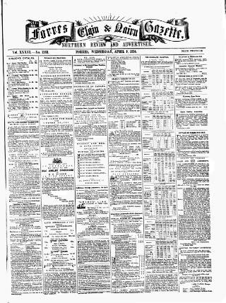 cover page of Forres Elgin and Nairn Gazette published on April 1, 1874