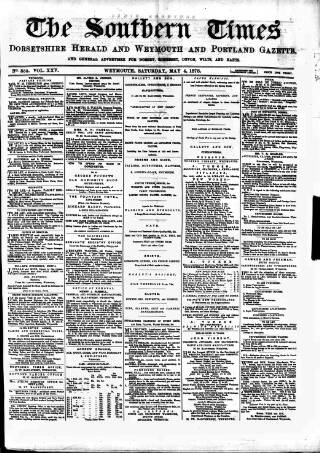 cover page of Southern Times and Dorset County Herald published on May 4, 1878