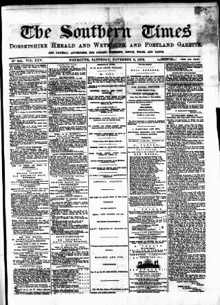 cover page of Southern Times and Dorset County Herald published on November 2, 1878
