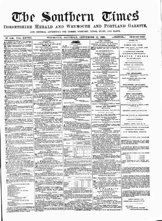 cover page of Southern Times and Dorset County Herald published on September 17, 1881