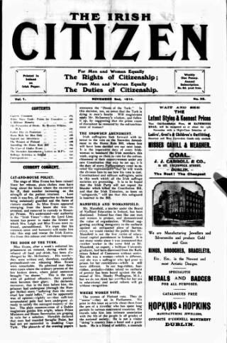 cover page of Irish Citizen published on November 2, 1912