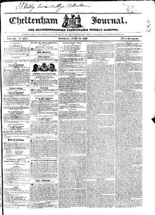 cover page of Cheltenham Journal and Gloucestershire Fashionable Weekly Gazette published on June 18, 1827