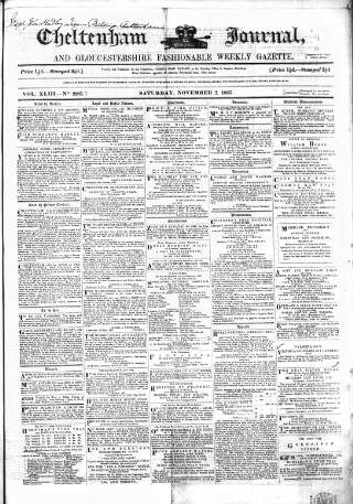 cover page of Cheltenham Journal and Gloucestershire Fashionable Weekly Gazette. published on November 2, 1867