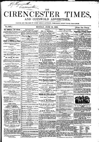 cover page of Cirencester Times and Cotswold Advertiser published on June 18, 1866