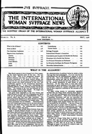 cover page of International Woman Suffrage News published on May 4, 1928