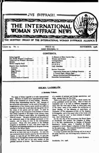 cover page of International Woman Suffrage News published on November 2, 1928