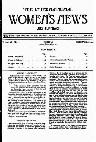 cover page of International Woman Suffrage News published on February 2, 1934