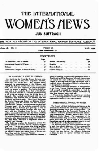 cover page of International Woman Suffrage News published on May 4, 1934