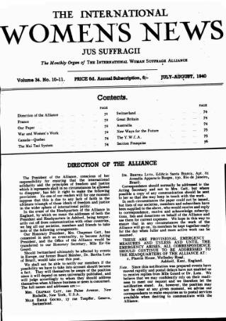 cover page of International Woman Suffrage News published on August 2, 1940
